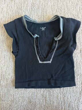Urban Outfitters Black Ribbed V-Neck Crop Top with Gray Trim